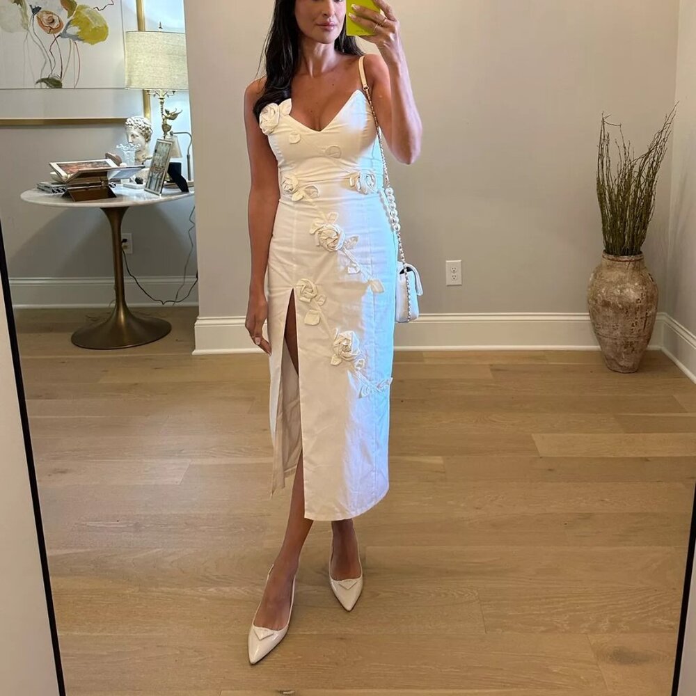 NBD Aiza Midi Dress in Ivory white strapless flower corset